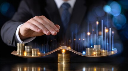 A man is holding a stack of coins and protecting them from falling