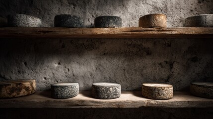 Fototapeta premium Cheese Aging Cellar Filled With Artisan Wheels on Wooden Shelves in a Cool Stone Setting for Gourmet Experiences and Artisanal Packaging