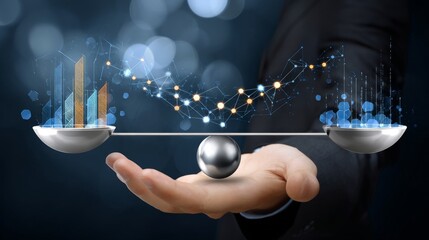 A hand holding a silver ball on a scale with a blue background