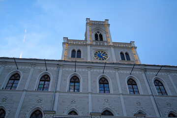 Weimar, Germany  Town hall facade against blue sky with festive lights