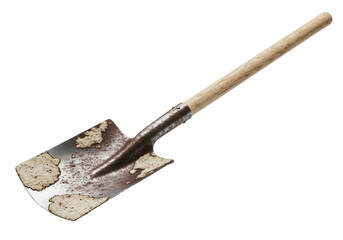 Rugged, rusted square-point construction shovel with caked clay and hickory wood handle wear, isolated on a bright white background with copy space. Concept of manual labor and groundwork utility