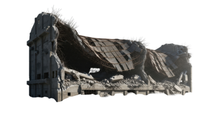 massive derelict brutalist industrial warehouse ruin; heavily rusted rebar bones twist from fractured concrete and rubble on a stark white void with volumetric dust, extreme wide-angle view. concept