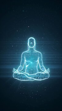 A glowing digital silhouette of a person meditating in lotus pose, with energy points illuminated