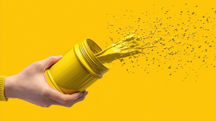 Hand holding yellow jar with paint exploding outward against a matching yellow backdrop