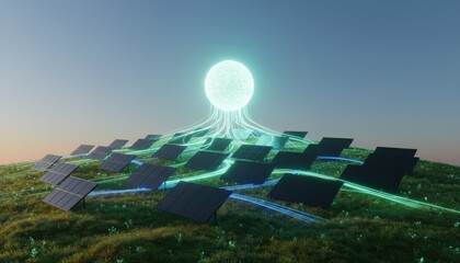 A futuristic landscape featuring solar panels harnessing energy from a glowing orb above, symbolizing renewable energy and technological advancement.