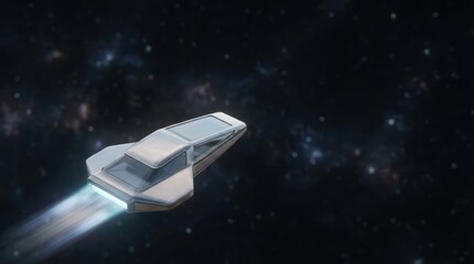 A sleek spaceship glides through the vastness of space, leaving a luminous trail against a backdrop of stars and cosmic elements.