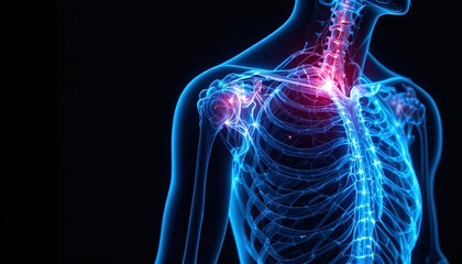 3D Rendering of Human Shoulder and Neck Pain Anatomy on Dark Background