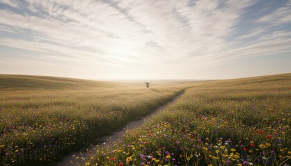 A person stands in a vast, colorful flower field under a bright sky, creating a sense of freedom and connection with nature.