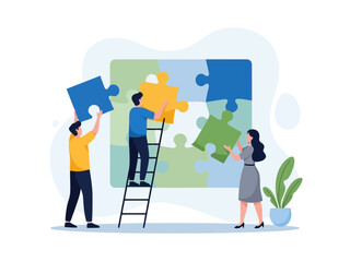 Illustration of people working together with a large puzzle