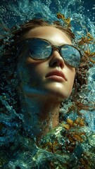 Surreal Artistic Portrait with Flowing Hair and Reflective Glasses Representing Inner World