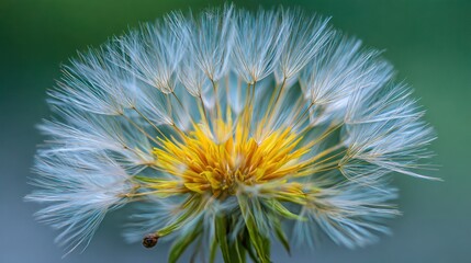 Macro shot of a dandelion seedhead, yellow center, delicate white seed parachutes