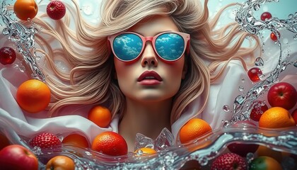 Surreal Artistic Portrait with Flowing Hair and Reflective Glasses Representing Inner World