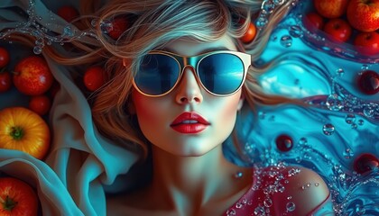 Surreal Artistic Portrait with Flowing Hair and Reflective Glasses Representing Inner World