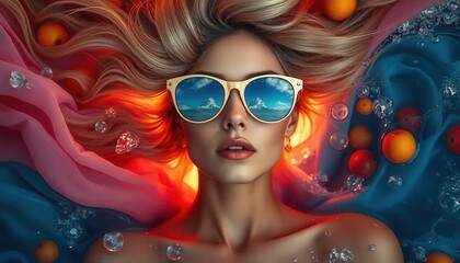 Surreal Artistic Portrait with Flowing Hair and Reflective Glasses Representing Inner World