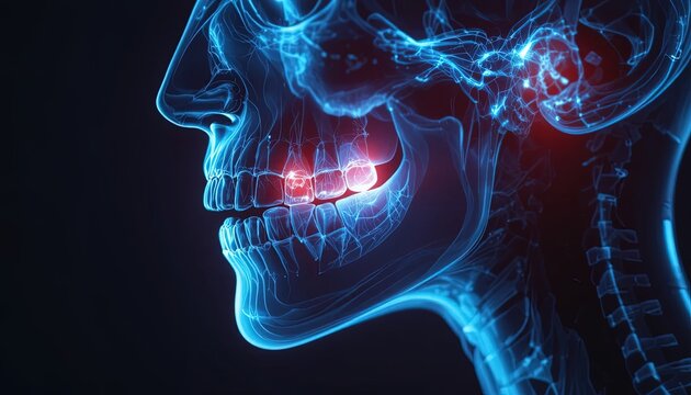 Human Skull and Upper Body X-Ray Scan, Blue Tint, Teeth highlighted in Red for Diagnostic Purposes