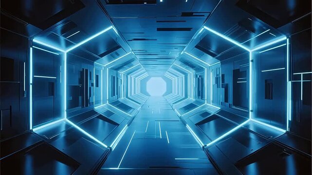 Futuristic corridor with glowing blue lights