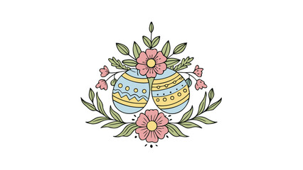 Easter eggs with floral decorations and leaves on white background