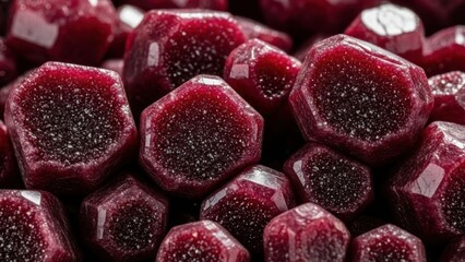 Vibrant red hexagonal gummies with sparkling sugar coating
