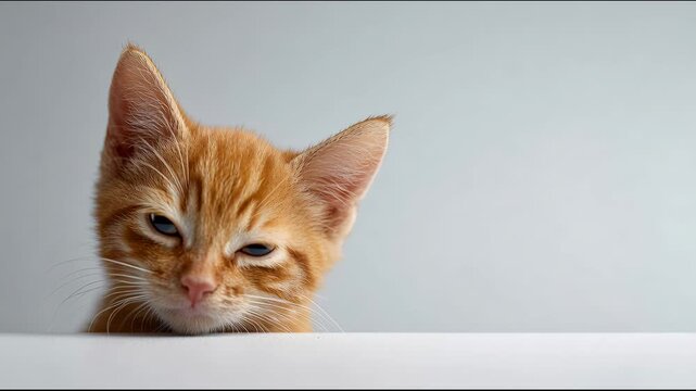 Adorable little ginger kitten with big eyes curiously peeking out from behind a white table, looking directly at the camera with an inquisitive and playful expression on a plain background