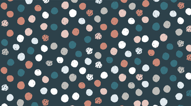 Artistic seamless pattern with hand-drawn blue, pink, white, and gray irregular dots for modern design