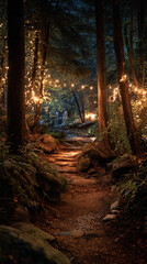 Obraz premium A serene forest path illuminated by string lights at nighttime slowly