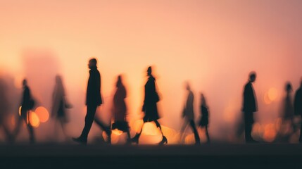 Group of blurred men and women walking in silhouette against a vibrant sunset sky. Concept of urban life, movement, and time passing. People walk abstract.