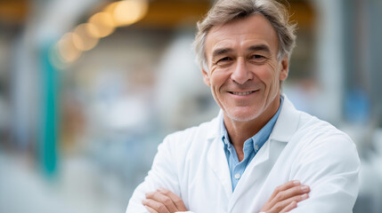 Fototapeta premium Faceless portrait of confident mature male scientist standing with arms crossed in factory, happy smile chemist or biologist, industrial researcher, defocused face, with copy space