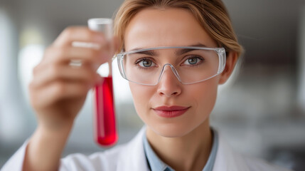 Faceless female scientist in lab coat and protective goggles holds test tube filled with red liquid, looking directly at camera with serious expression, defocused face, with copy s