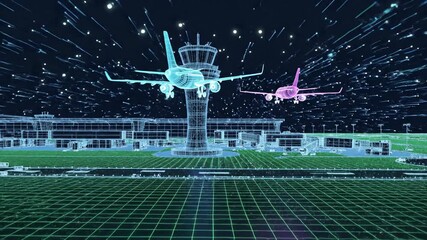 Futuristic digital airport with airplanes and control tower wireframe graphics - Powered by Adobe