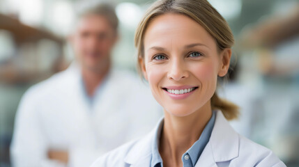 Faceless scientist with lab technician in background, research professionals, laboratory team, scientific collaboration, defocused people in lab setting, with copy space