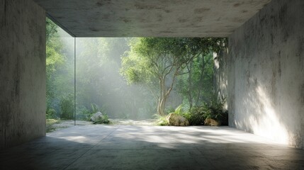 Modern architectural space with a window to green natural environment