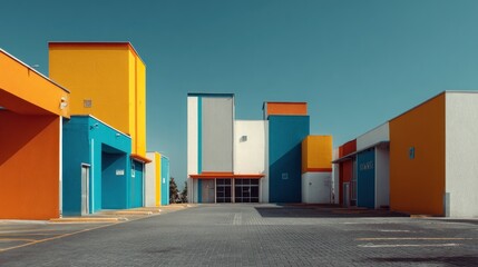 Modern architecture composition with colorful buildings under a clear sky