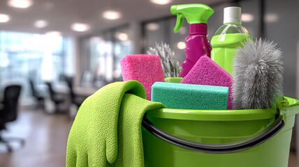 Cleaning supplies with blurred office on the background. Trolley with cleaning supplies and caution sign in office