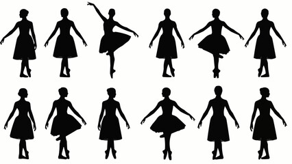 Collection of ballet dancer silhouettes in various poses. © Tina