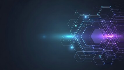 Glowing neon hexagonal circuit board with purple and blue lights on dark background for tech design with technology and innovation and science