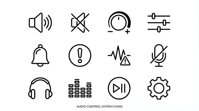 A professional outline icon set representing audio control and alert systems, designed for mobile apps, dashboards, and web interfaces.