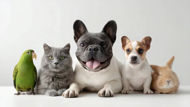 Group of different pets including dogs, a cat, a parrot, and a rabbit posing together and looking at the camera, all isolated on a seamless and clean white background in a studio setting
