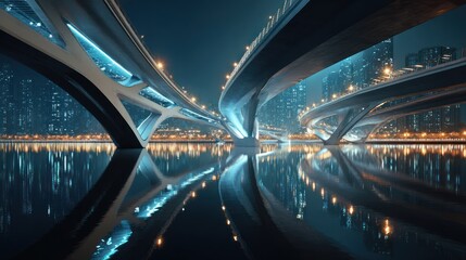 Modern bridge architecture over reflective water at night with city lights