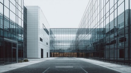 Modern architecture with glass facade and symmetrical perspective view