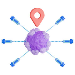 3D medical illustration showing multiple syringes pointing towards red location pin on cancer cell. Represents precision medicine.