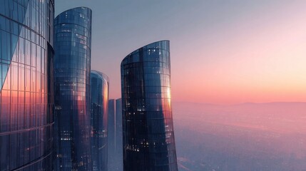 Modern city skyline with tall glass skyscrapers at sunrise or sunset