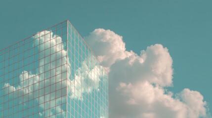 Modern glass skyscraper reflecting clouds against a blue sky for architecture concepts