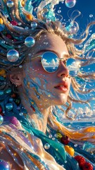 Surreal Prismatic Female with Floating Berries Oranges Bubbles

