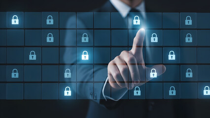 Hand Touching Digital Security Interface With Cyber Protection Lock Icons.