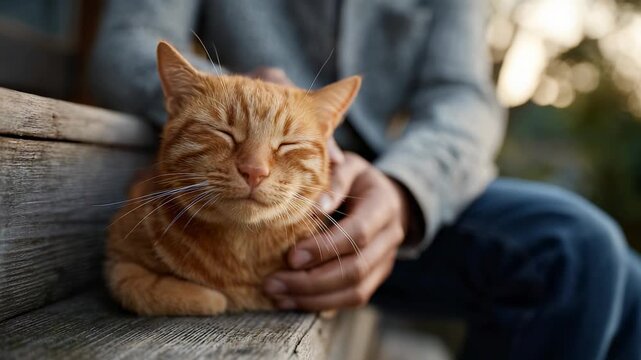 Adorable ginger cat purring and relaxing with closed eyes while its owner gently strokes its fur, enjoying a quiet moment of bonding and friendship together on a wooden porch outdoors