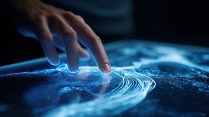 Human hand touching illuminated surface creating digital data visualization abstract concept