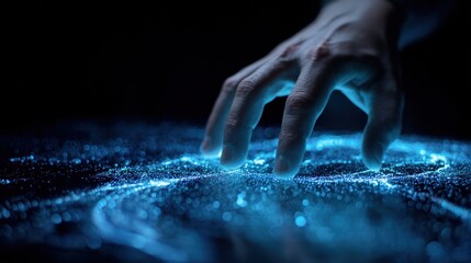 Human hand touching glowing particles creating abstract digital patterns dark background