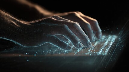 Hands typing on keyboard with glowing digital particles and soft light