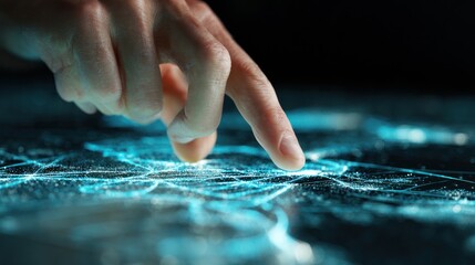 Human finger interacts with a digital data network concept of connection