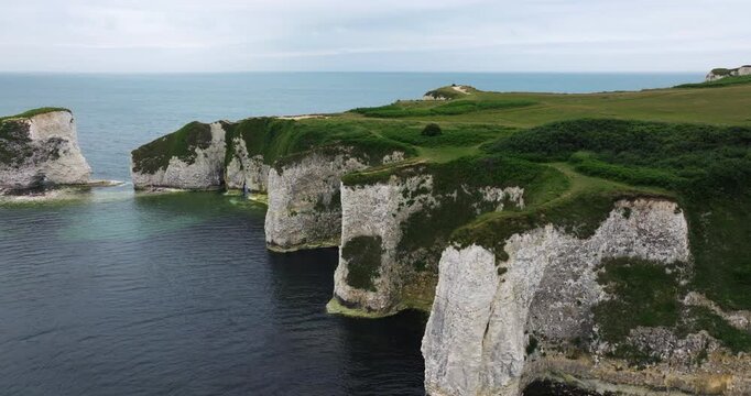 Old Harry Rocks, Famous Chalk Cliff Formation At Handfast Point In Dorset, England, UK. - aerial shot